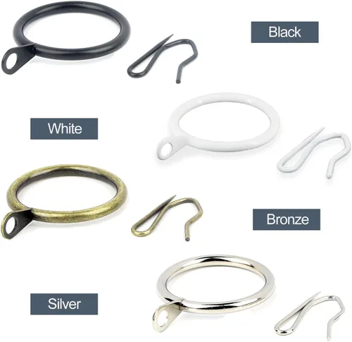 Vista 3 de 50 anillos de cortina negros con ganchos, anillos de cortina de metal, anillos de barra de cortina y ganchos de cortina para pasadores de cortina
