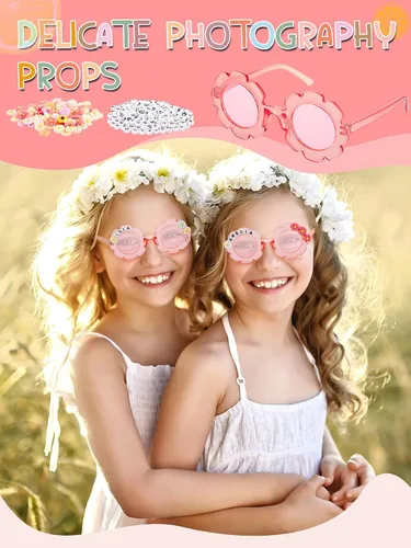Vista 24 de Dunzy 10 pares de lentes de sol redondos de flores para niños, gafas de bricolaje para exteriores, con 50 margaritas, 100 cuentas de letras al azar