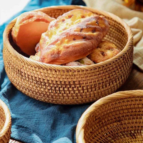 Vista 5 de Ochine Cesta de pan de mimbre natural, cestas de pan de frutas de mimbre vintage, cesta redonda para servir alimentos, cesta de sauce, cesta