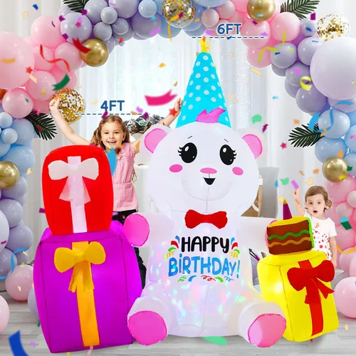 Vista 4 de Caja de regalo de cumpleaños inflable de 6 pies con oso, luces LED incorporadas y luces giratorias de colores, decoración inflable de feliz
