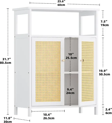 Vista 3 de HITNET Gabinete de bambú, armario de almacenamiento de ratán con puertas, armario de piso independiente para baño, sala de estar, pasillo, blanco