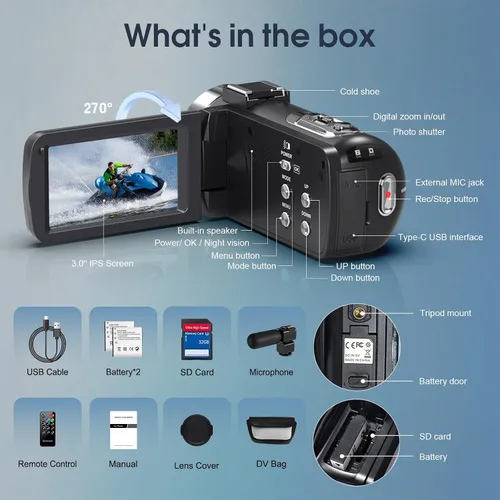 Vista 8 de 4K 80MP Camcorder Video Camera Vlogging Camera for YouTube IR Night Vision Camera 18X Digital Zoom 3.0 IPS Screen Video Recorder with 32GB SD Card