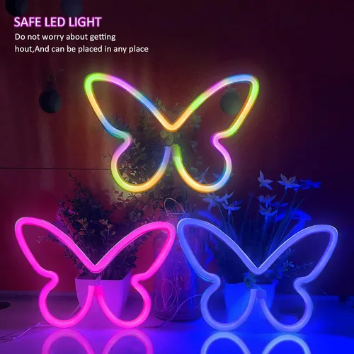 Vista 3 de BRIGHTDECK 3 Piezas de Letreros de Neón de Mariposa, Luz de Neón para Dormitorio, Letreros de Neón LED Alimentados por USB o 3 Baterías AA