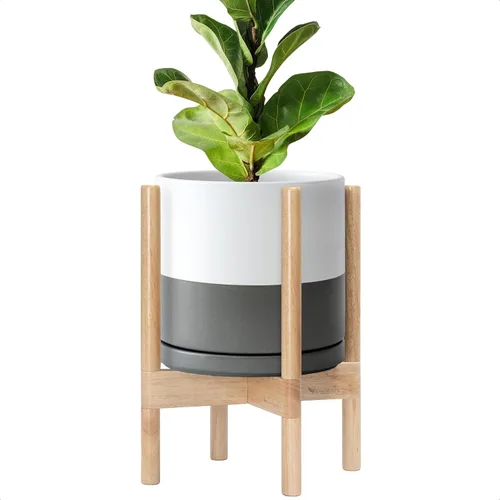 Vista 96 de D'vine Dev Maceta de cerámica con soporte de ébano – Maceta redonda moderna de 8 pulgadas con soporte para maceta de madera, color negro, 55-B-M-2