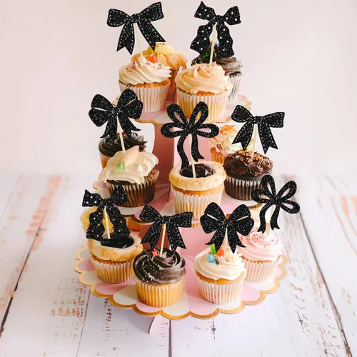 Vista 6 de Ephlyn 24 adornos para cupcakes con lazo para decoración de pastel de cumpleaños, decoración de fiesta de cumpleaños para niñas, decoración de Negro