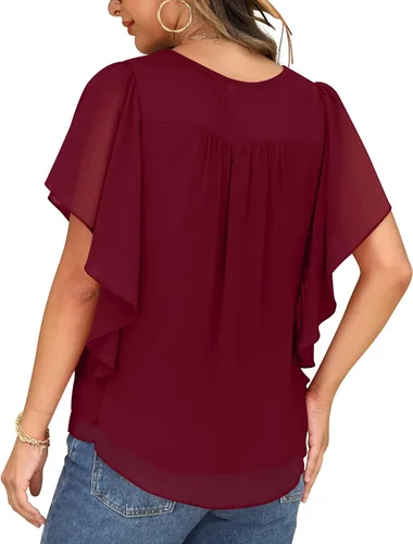 Vista 4 de QIXING Blusas de gasa con cuello redondo y cuello redondo de verano para mujer