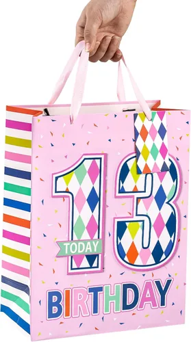 Vista 7 de Loveinside Bolsa de regalo de cumpleaños rosa con papel de seda, etiqueta de regalo y tarjeta de felicitación para niñas, fiestas y más, 10 x 5 x 13