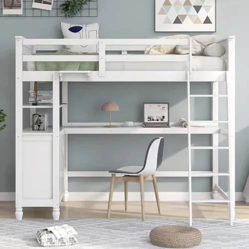 Vista 3 de Merax Cama tipo loft de tamaño individual con escritorio integrado, 3 cajones de almacenamiento y estantes ajustables, cama de plataforma de madera