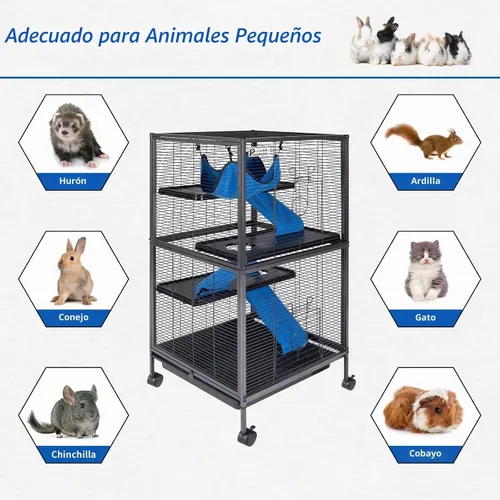 Vista 5 de Kit de jaula de acero de 4 niveles para animales pequeños para conejillos de indias, hurón, conejito con ruedas, frenos, hamaca, 4 plataformas