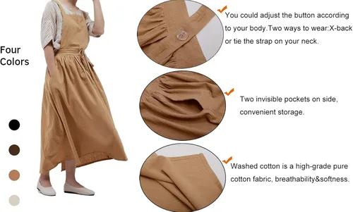 Vista 6 de Delantal largo de algodón plisado con espalda en X para cocina, jardín, floristería, ropa de trabajo, vestido con babero