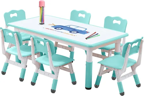Vista 13 de Juego de mesa y silla para niños, altura ajustable, juego de mesa y silla para niños pequeños y 6 sillas con escritorio a prueba de grafiti, patas