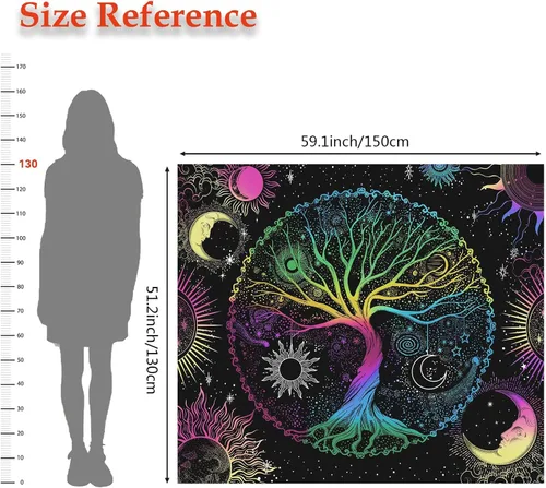 Vista 6 de AACKart Tapiz de luz negra para dormitorio - Tapiz espiritual del árbol de la vida que brilla en la oscuridad para colgar en la pared 59.1 x 51.2
