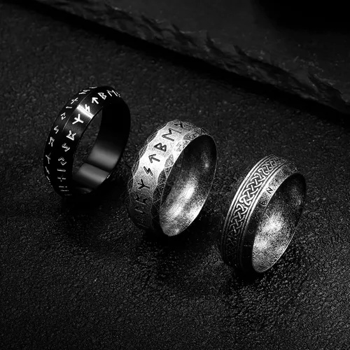 Vista 7 de Dochais 3 anillos vikingos para hombres, anillos vikingos nórdicos para hombre, anillos de acero inoxidable, vintage, anillo de runas celtas, anillo