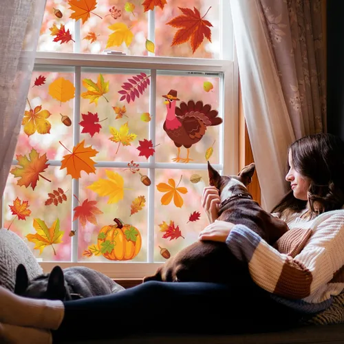 Vista 5 de 164 calcomanías de otoño para ventanas de vidrio, calcomanías de hojas de arce para ventana de otoño, decoración de otoño para Acción de Gracias