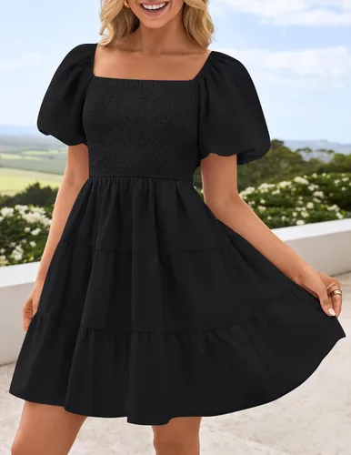 Vista 2 de ZESICA Mini vestido corto de verano bohemio 2025 con cuello cuadrado, manga abombada, hombros descubiertos, fruncido, escalonado, casual