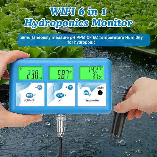 Vista 4 de Monitor de pH hidropónico ppm, WiFi 6 en 1 medidor de pH EC para sistema de cultivo hidropónico, monitoreo continuo pH PPM EC CF humedad temperatura