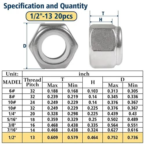 Vista 2 de 1/2-13 Lock Nut, 20Pcs Stainless Steel Nylock Insert Locking Nut 1/2 contratuerca, tuercas hexagonales de inserción de nylon 304 SS A2-70, tuerca