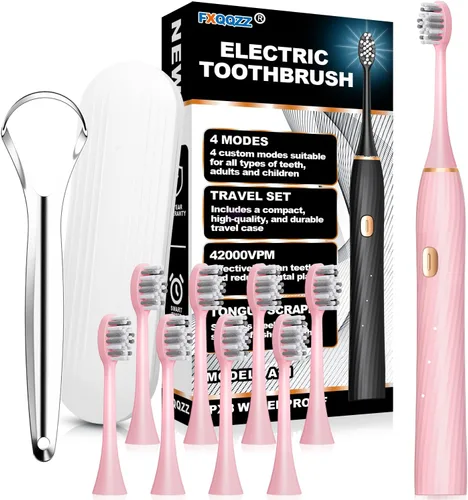 Vista 8 de FXQQZZ Cepillo de dientes eléctrico para adultos y niños, con raspador de lengua y estuche de viaje, 8 cabezales de cepillo, temporizador