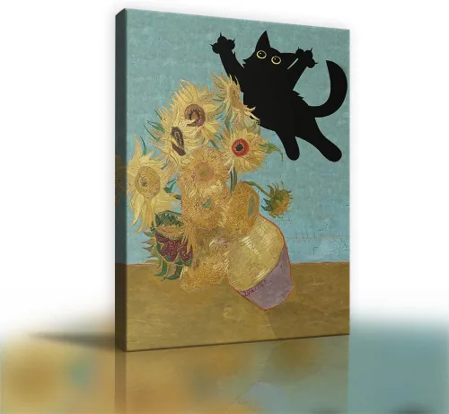Vista 2 de Thcbme Arte de pared con diseño de gato, divertido diseño vintage de girasoles y gatos negros, póster retro para habitación, estética, sala