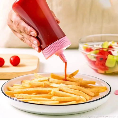 Vista 3 de Cabilock Botella de plástico para condimentos con tapa para salsa de tomate y barbacoa, aderezos de jarabe y más (rosa)