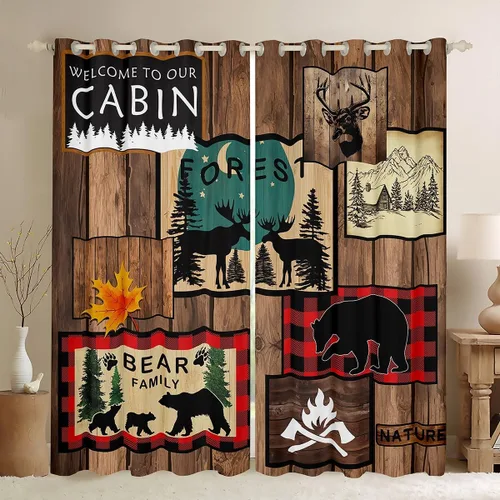 Vista 13 de Erosebridal Cortinas y cortinas geométricas de reno, con diseño de oso y ciervo, cortinas opacas con entramado a cuadros para dormitorio, bosque