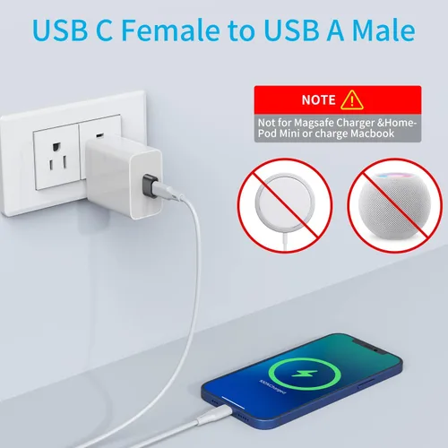 Vista 2 de Adaptador USB C hembra a USB macho (paquete de 8), adaptador de cable de carga tipo C a USB A para iPhone 11 12 13 14 15 Pro Max, Samsung Galaxy