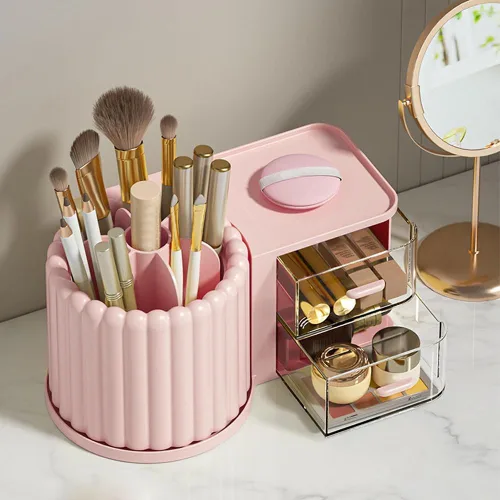 Vista 8 de Organizador de Maquillaje para Encimera, Soporte Giratorio 360° para Brochas de Maquillaje con 2 Cajones, Pequeño Organizador Preppy 9.25x5.11