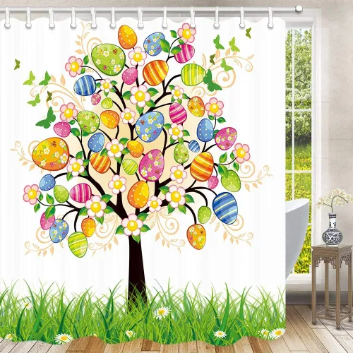 Vista 3 de JAWO Cortina de ducha de Pascua, huevos de Pascua, cortina de ducha de huevos de Pascua, huevos pintados, flores florales, mariposas, cortinas