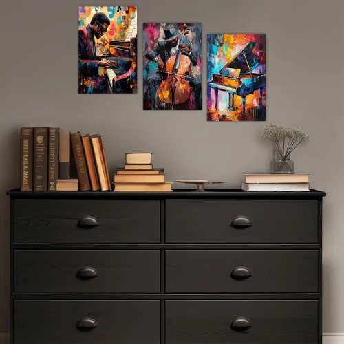 Vista 2 de AWPANERAR Arte de pared de música negra, 3 paneles, impresiones en lienzo afroamericano, arte vintage de jazz, instrumentos musicales, imágenes