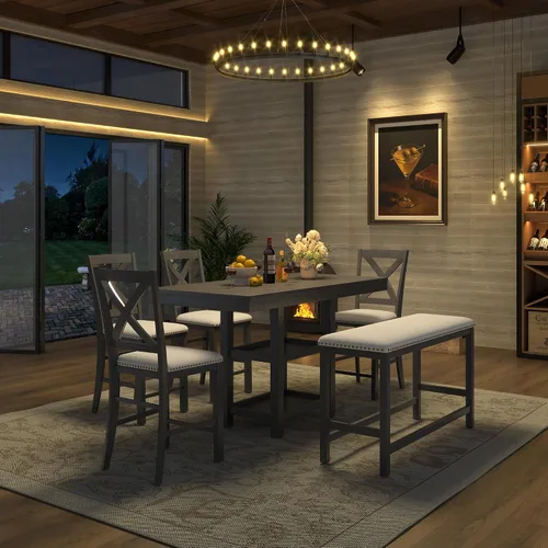 Vista 31 de Juego de mesa de barra de altura de madera para 6, mesa de comedor expandible con estantes de almacenamiento de 2 niveles, 4 sillas y banco, diseño