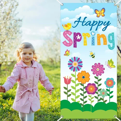 Vista 7 de Whaline Decoración de cubierta de puerta con texto en inglés «Hello Spring» con diseño floral de primavera para puertas delanteras, pancarta