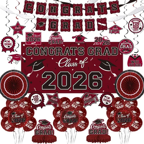 Vista 11 de Juego de decoraciones de graduación 2026 con temática negra y dorada, pancarta de felicitaciones, telón de fondo, globos y serpentinas, suministros