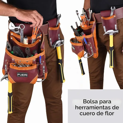 Vista 7 de Bolsa profesional de 10 bolsillos para herramientas de carpintero Cuero de grano premium resistente, soporte de marco ajustable de refuerzo
