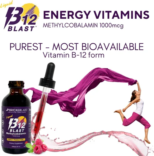 Vista 2 de Bricker Labs B12 Blast Metilcobalamina 1000mcg, vitaminas energéticas líquidas sublinguales de gran sabor - Vitaminas B12 veganas, energía sostenida