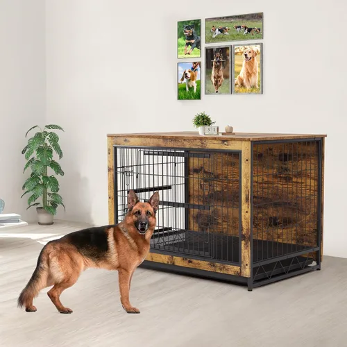 Vista 7 de TLSUNNY Muebles de jaula para perros, 44.1 pulgadas de madera para interiores con 2 puertas, jaula resistente con bandeja extraíble, mesa auxiliar