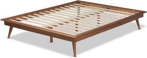 Vista 5 de Baxton Studio Karine Mid-Century - Marco de cama de madera con acabado marrón nogal, tamaño queen