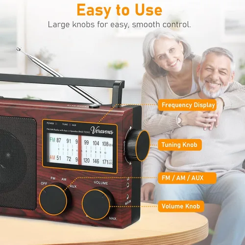 Vista 9 de Radio AM/FM portátil con control de graves, equipada con un altavoz de alta potencia integrado, conector para auriculares y entrada de audio AUX