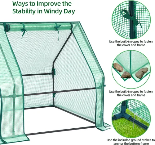 Vista 3 de Ohuhu Mini invernadero portátil, invernaderos de 71 x 36 x 36 pulgadas para exteriores con puertas dobles grandes con cremallera y estacas de Verde