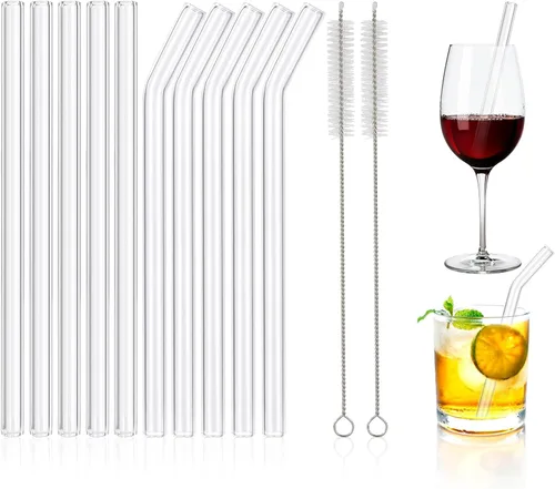 Vista 10 de 10 popotes Boba de vidrio reutilizables, 0.354 x 0.551 in de ancho, para té de burbujas, batidos, juego de 5 rectas y 5 dobladas con 2 cepillos
