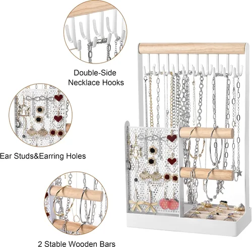 Vista 6 de Soporte organizador de joyas, soporte para collares, soporte para joyas 4 en 1 con organizador de aretes y bandeja de anillos extraíble, soporte