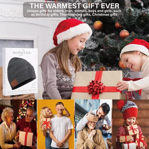 Vista 6 de Merino - Gorro de lana con Bluetooth 5.2, estéreo HD, 30 horas de tiempo de reproducción, micrófono integrado, regalo electrónico de Navidad