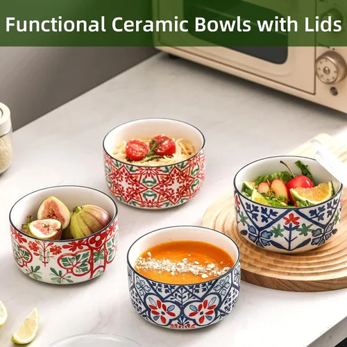 Vista 4 de Cuenco de cerámica con tapa, apto para microondas, juego de 4 Food Storage Containers for Soup, Meal Prep, Cereal, Salad Leftovers - Picnic