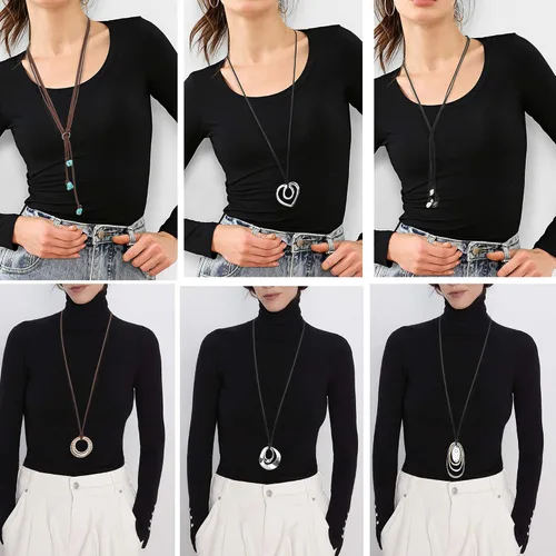 Vista 4 de ORAZIO 6 collares largos con colgante para mujer, joyería de moda, simple, larga, con forma de corazón de hoja de pluma, turquesa, collar en Y