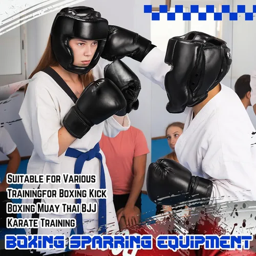 Vista 4 de Arrowbash Juego de 2 protectores de cabeza y guantes de boxeo para adultos, guantes de boxeo de 10 oz, protector de cara completa
