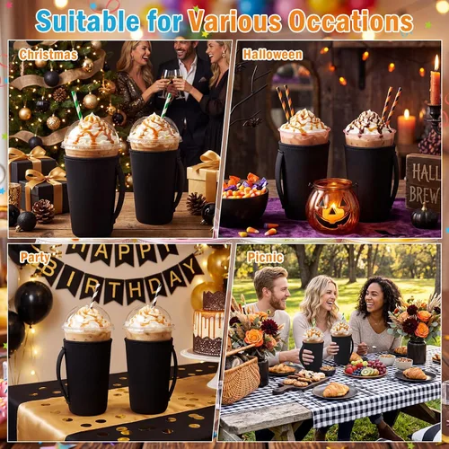 Vista 6 de Boao 12 fundas para vaso de neopreno reutilizables con asa, funda aislada para taza para café helado, bebida fría, anticondensación, sin sudor
