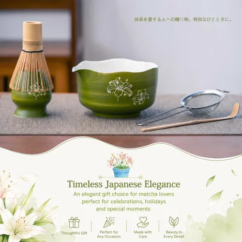 Vista 6 de Buucup Juego de matcha, 5 piezas de aguacate verde matcha con cuenco en forma de corazón con boquilla, batidor de bambú, cuchara, tamiz y soporte