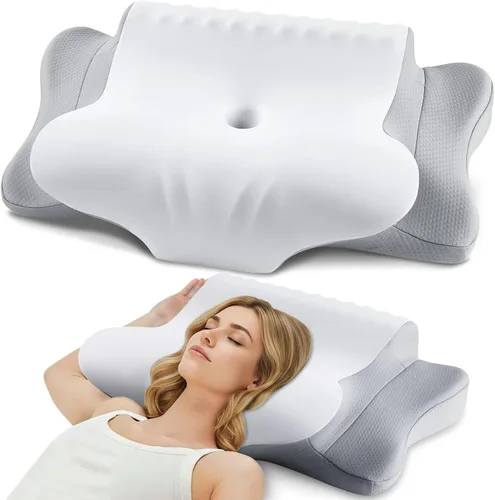 Vista 12 de Almohada cervical de espuma viscoelástica para cuello y hombros, almohada cervical de contorno ergonómico para dormir con 2 alturas, almohadas