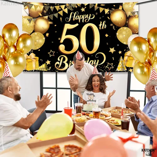 Vista 7 de KatchOn, Fondo de feliz cumpleaños 50, grande, 72 x 44 pulgadas, decoraciones de cumpleaños 50 negro y dorado Cartel de feliz cumpleaños 50