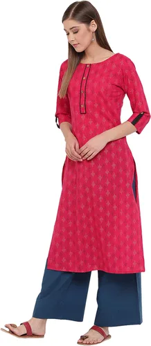 Vista 4 de Janasya Kurta de algodón rosa indio para mujer