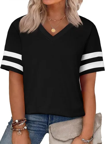 Vista 59 de Eytino Blusas de talla grande para mujer, cuello en V, manga corta, a rayas, casual, holgada, con bolsillo (1X-5X)